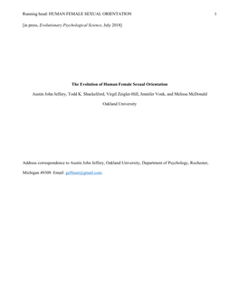 Running Head: HUMAN FEMALE SEXUAL ORIENTATION 1 [In Press, Evolutionary Psychological Science, July 2018] the Evolution of Human