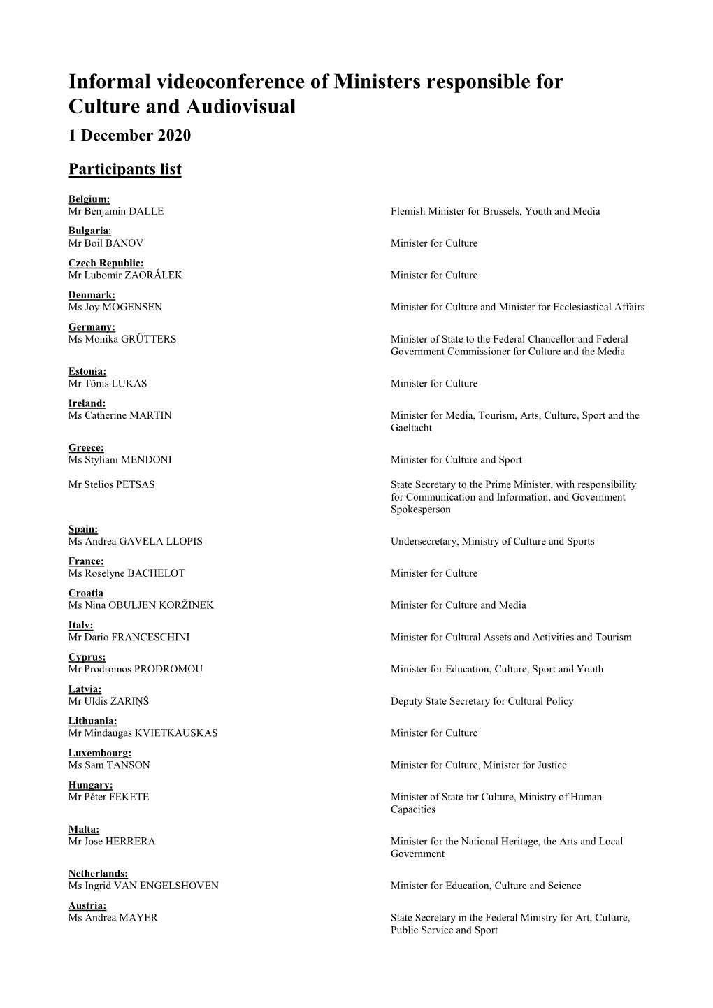 Informal Videoconference of Ministers Responsible for Culture and Audiovisual 1 December 2020 Participants List