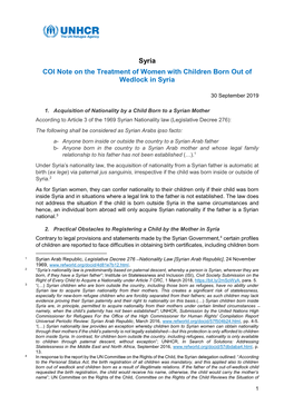 Syria COI Note on the Treatment of Women with Children Born out of Wedlock in Syria