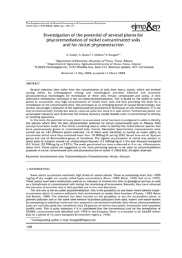 Investigation of the Potential of Several Plants for Phytoremediation of Nickel Contaminated Soils and for Nickel Phytoextraction