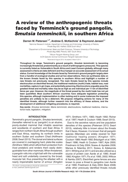 A Review of the Anthropogenic Threats Faced by Temminck’S Ground Pangolin, Smutsia Temminckii, in Southern Africa