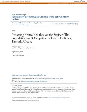 The Foundation and Occupation of Kastro Kallithea, Thessaly, Greece Laura Surtees Bryn Mawr College, Lsurtees@Brynmawr.Edu