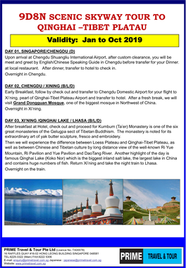 9D8N SCENIC SKYWAY TOUR to QINGHAI –TIBET PLATAU Validity: Jan to Oct 2019