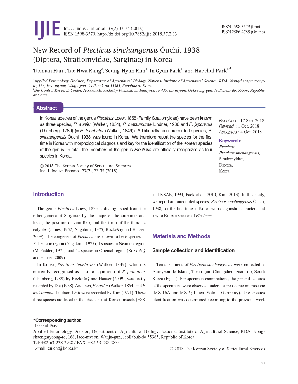 Uchi, 1938 (Diptera, Stratiomyidae, Sarginae) in Korea Taeman Han1, Tae Hwa Kang2, Seung-Hyun Kim1, in Gyun Park1, and Haechul Park1,*