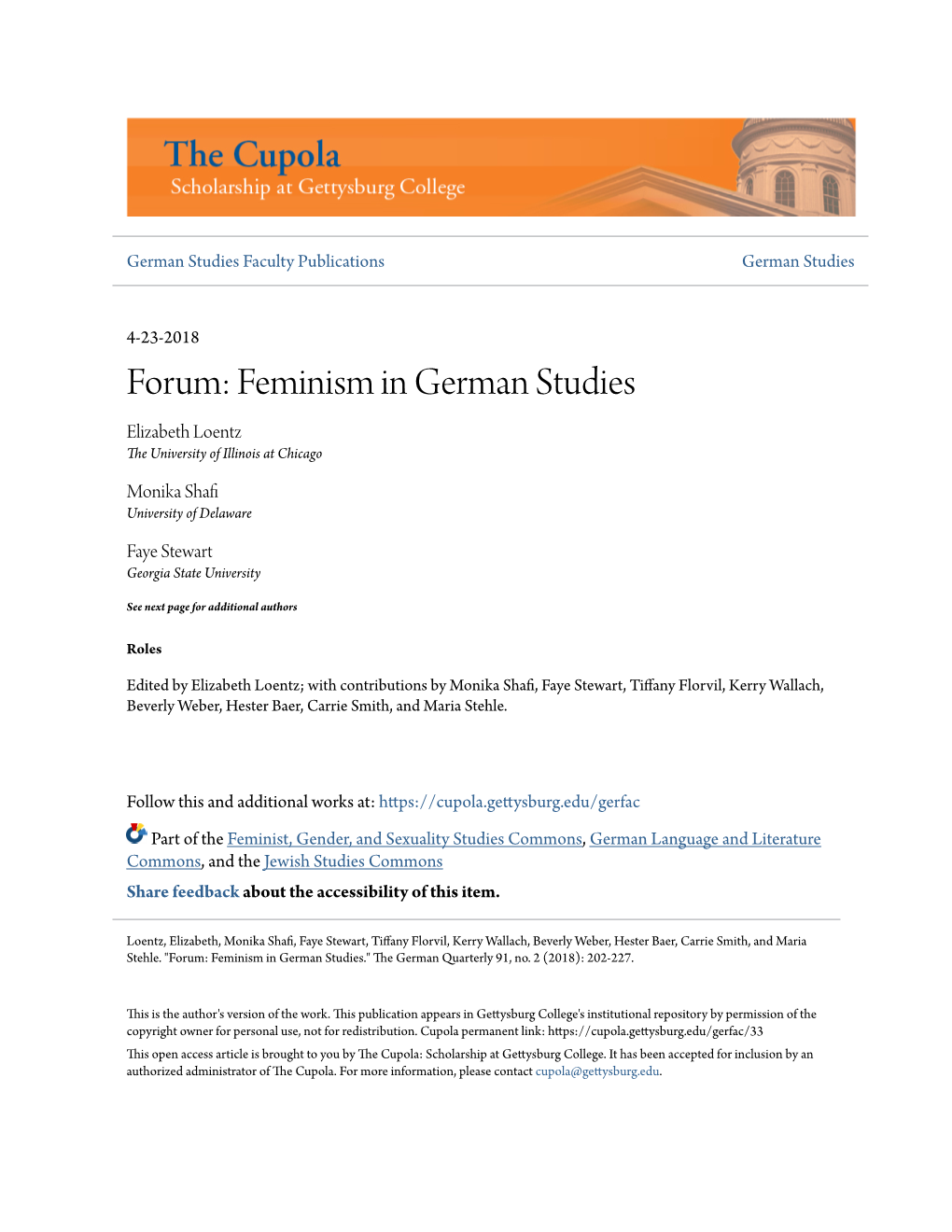 Forum: Feminism in German Studies Elizabeth Loentz the University of Illinois at Chicago