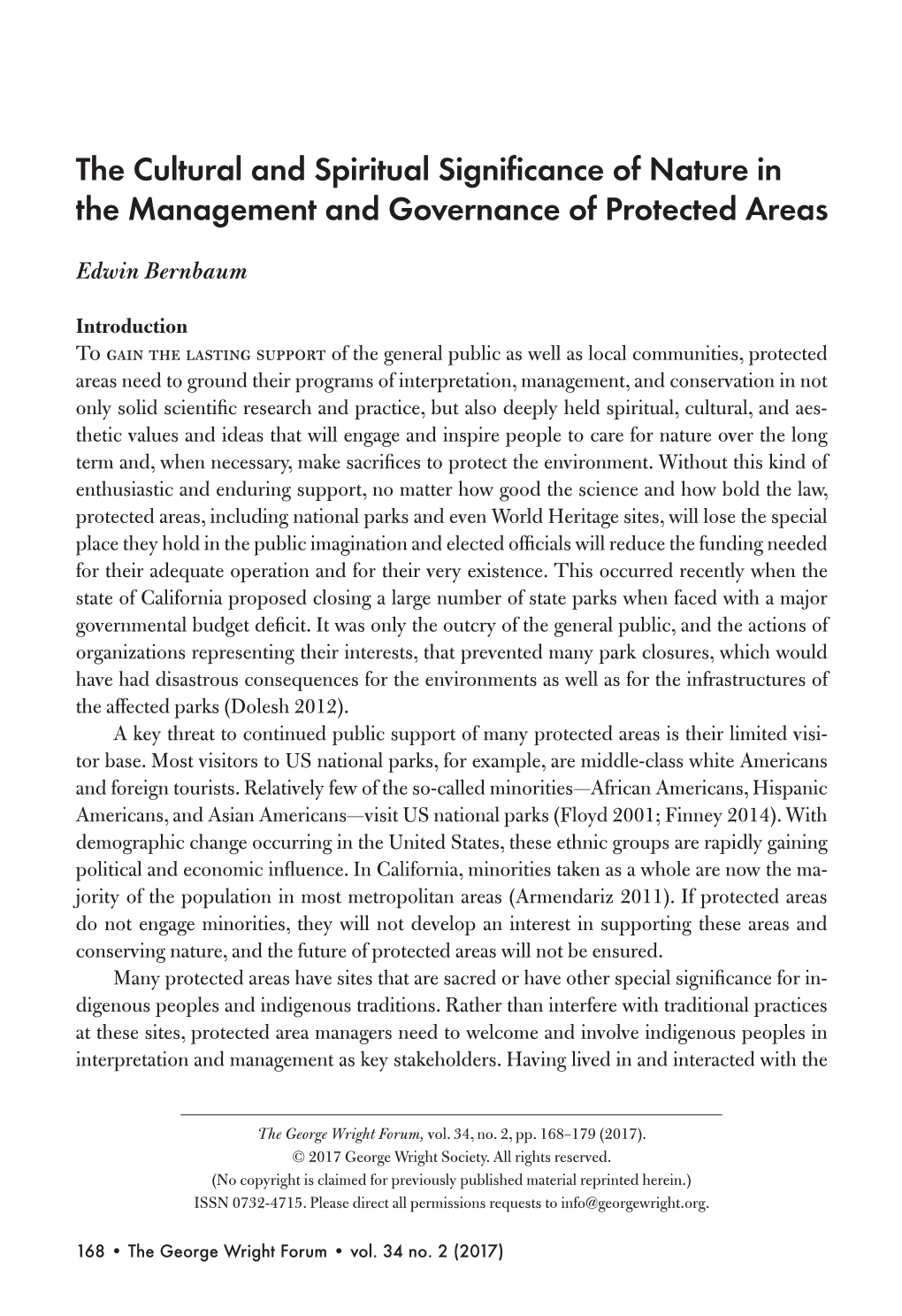 The Cultural and Spiritual Significance of Nature in the Management and Governance of Protected Areas