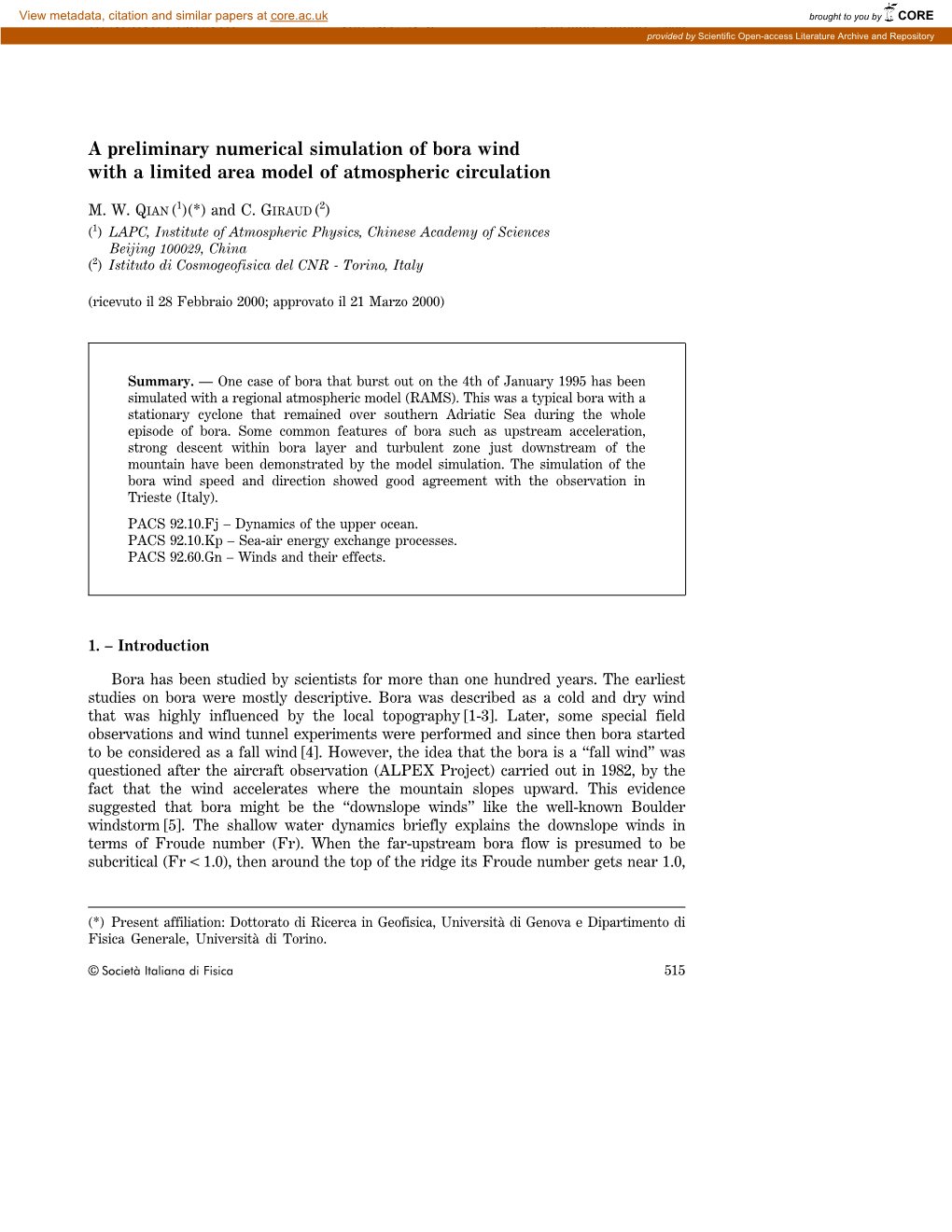 A Preliminary Numerical Simulation of Bora Wind with a Limited Area Model of Atmospheric Circulation