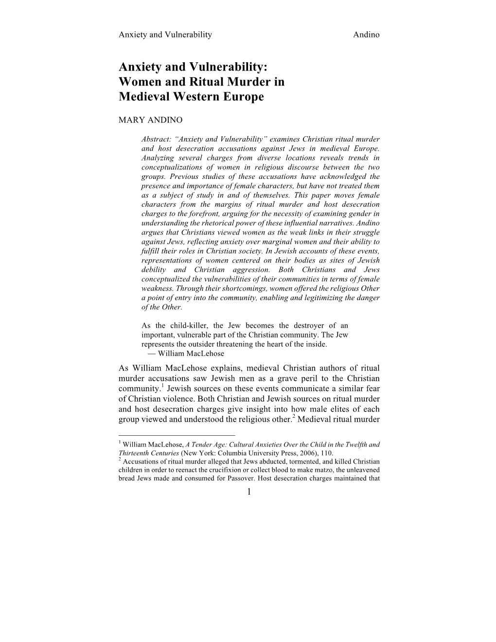 Anxiety and Vulnerability: Women and Ritual Murder in Medieval Western Europe