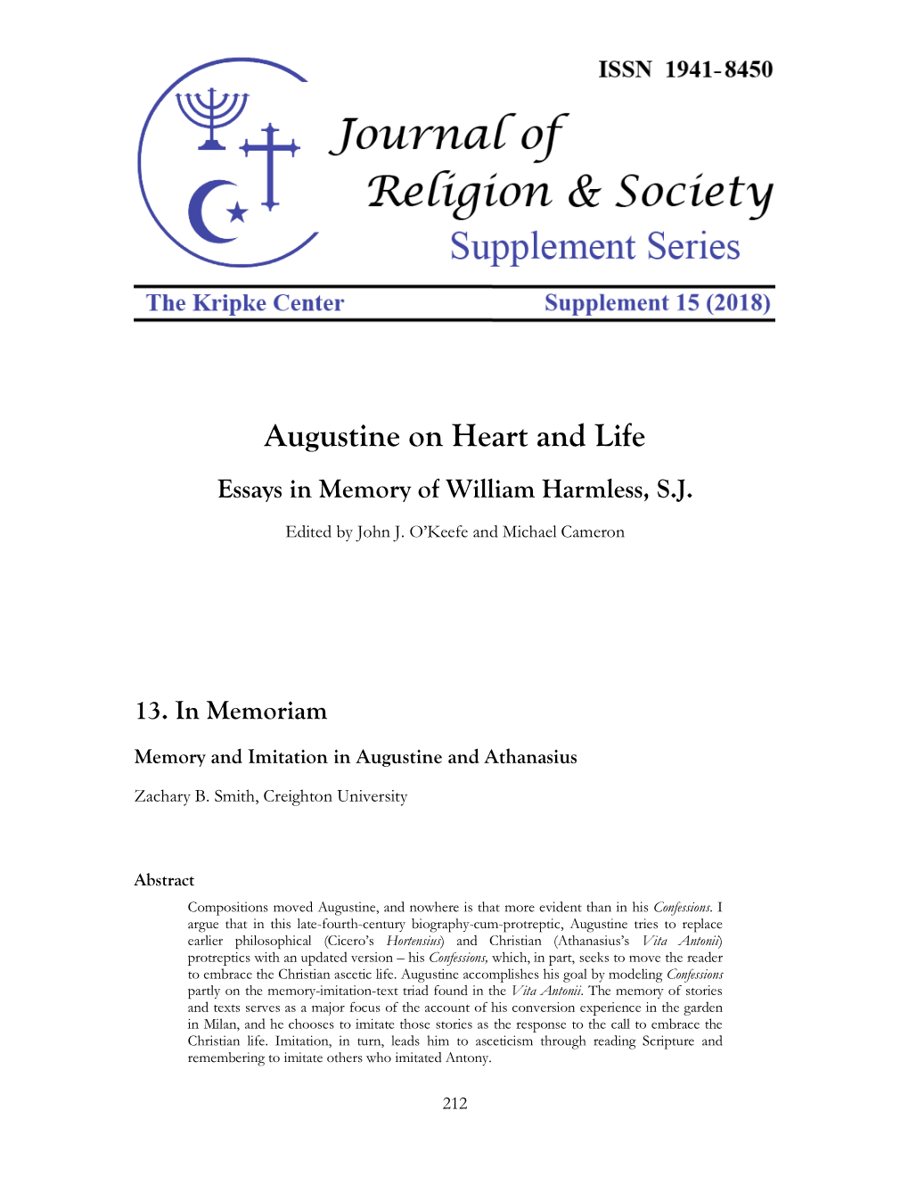 Augustine on Heart and Life Essays in Memory of William Harmless, S.J