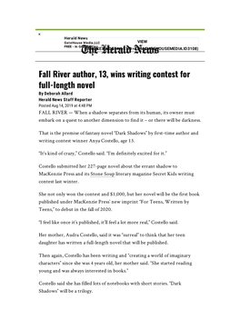 Fall River Author, 13, Wins Writing Contest for Full-Length Novel