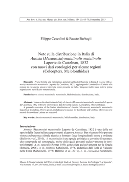 Note Sulla Distribuzione in Italia Di Anoxia (Mesanoxia) Matutinalis