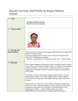 Daystar University Staff Profile for Regina Muthoni Gachari