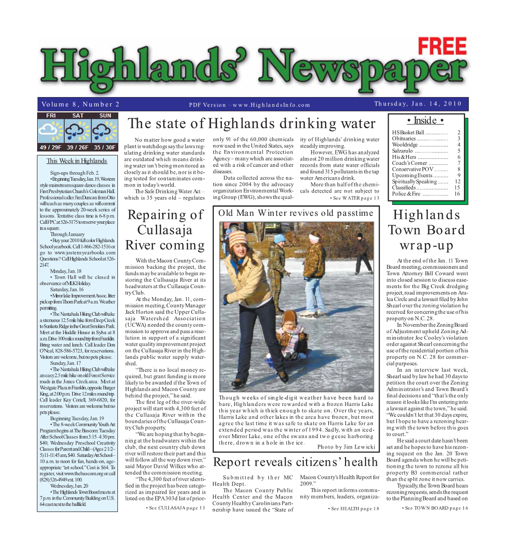 Jan. 14, 2010 the State of Highlands Drinking Water • Inside • HS Basket Ball
