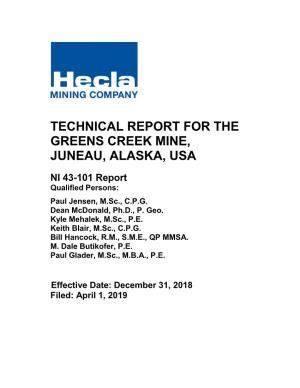Technical Report for the Greens Creek Mine, Juneau, Alaska, Usa