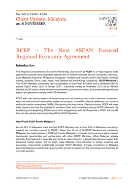 RCEP – the Next ASEAN Focused Regional Economic Agreement
