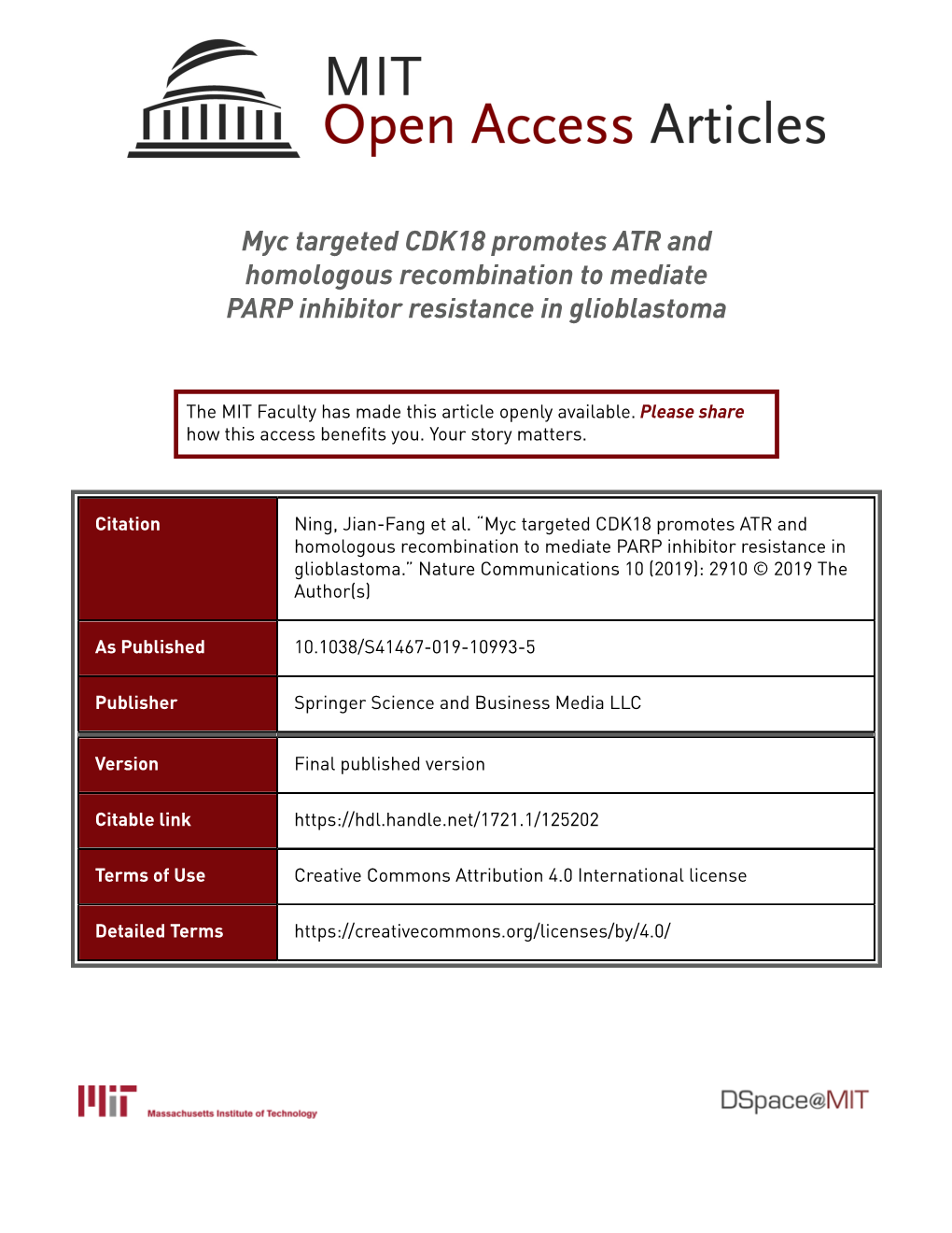 Myc Targeted CDK18 Promotes ATR and Homologous Recombination to Mediate PARP Inhibitor Resistance in Glioblastoma