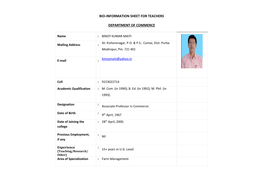Bio-Information Sheet for Teachers Department Of