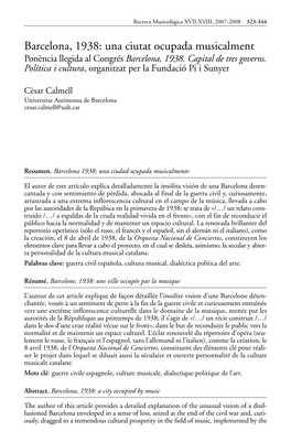 Barcelona, 1938: Una Ciutat Ocupada Musicalment Ponència Llegida Al Congrés Barcelona, 1938