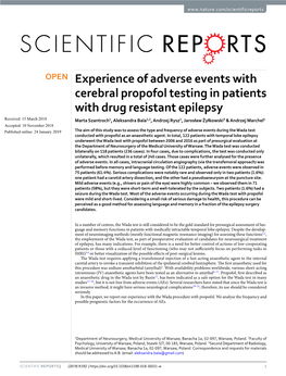 Experience of Adverse Events with Cerebral Propofol Testing in Patients