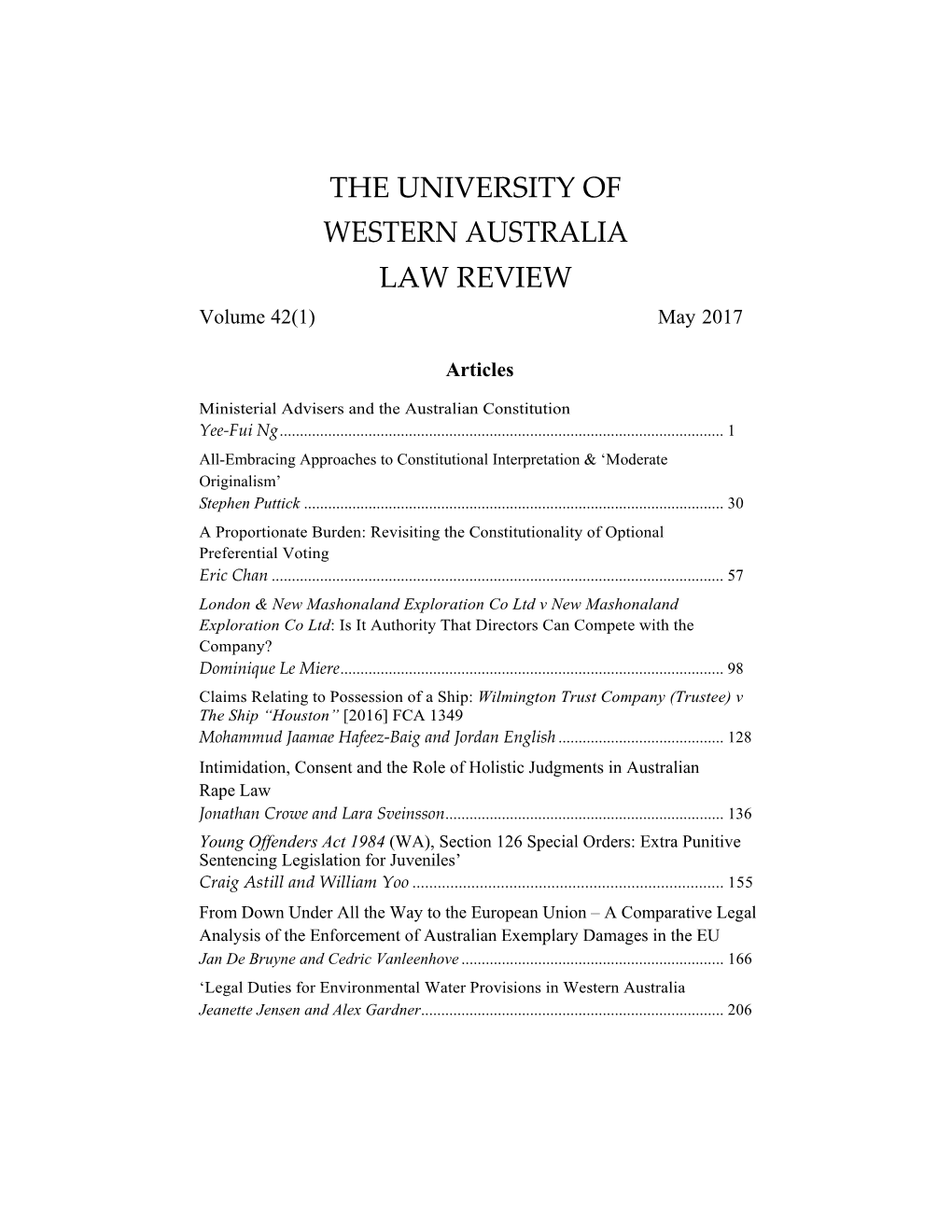 THE UNIVERSITY of WESTERN AUSTRALIA LAW REVIEW Volume 42(1) May 2017