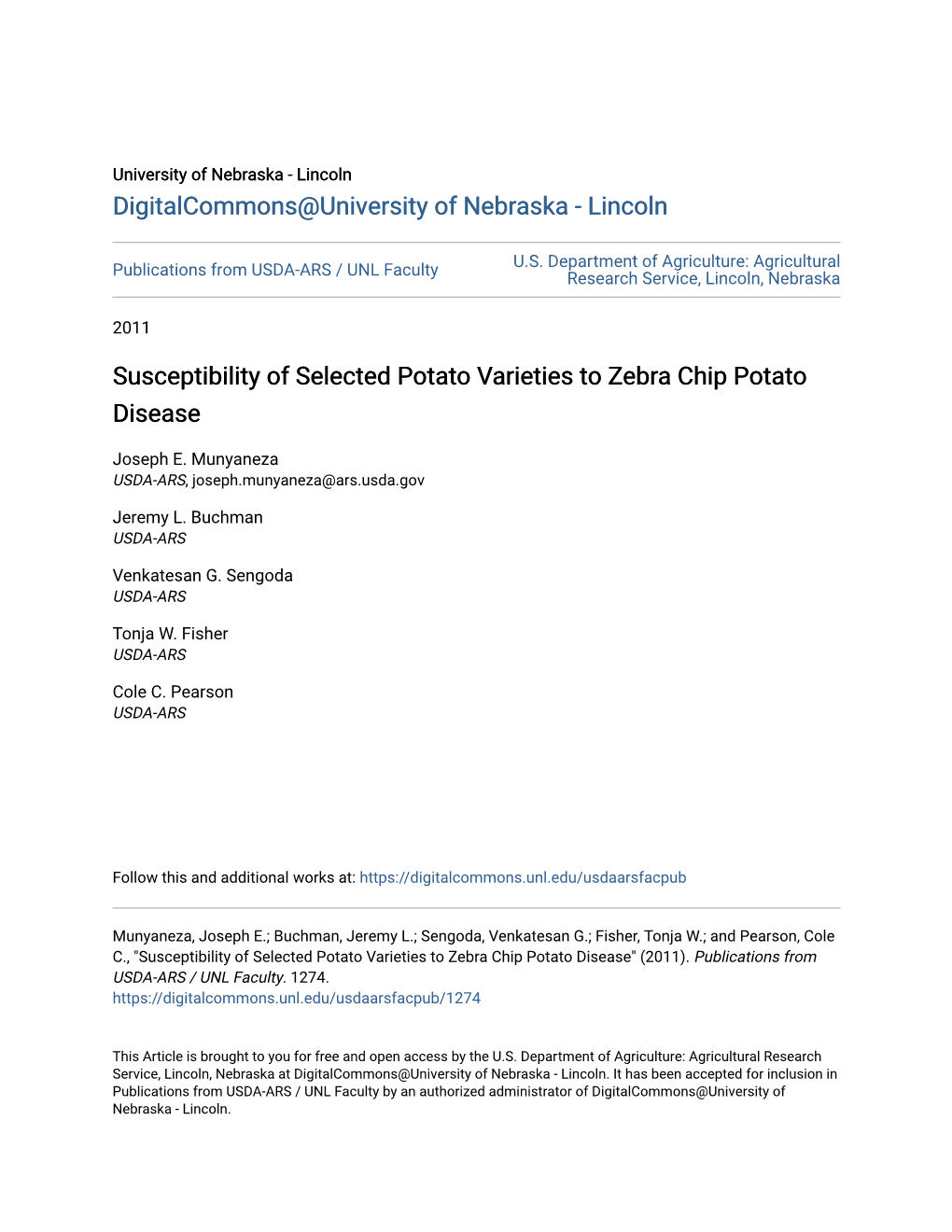 Susceptibility of Selected Potato Varieties to Zebra Chip Potato Disease