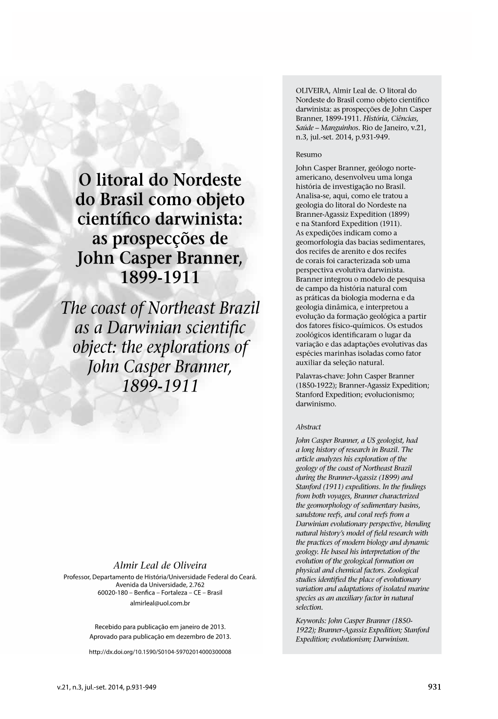 O Litoral Do Nordeste Do Brasil Como Objeto Científico Darwinista