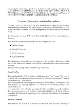 Selection Procedure for N.1 Position of “Lecturer”, With