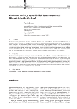 Cichlasoma Zarskei, a New Cichlid Fish from Northern Brazil Cichlasoma Zarskei, a New Cichlid Fish from Northern Brazil