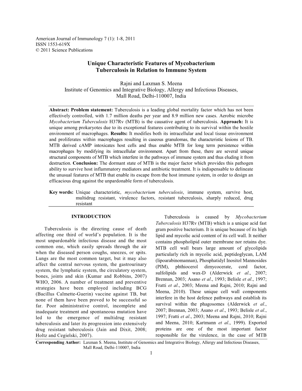 Unique Characteristic Features of Mycobacterium Tuberculosis in Relation to Immune System