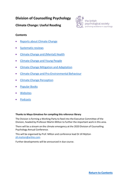 Division of Counselling Psychology Climate Change: Useful Reading