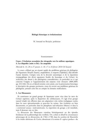 Biologie Historique Et Évolutionnisme M. Armand De Ricqlès
