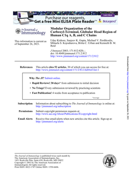 Human C1q A, B, and C Chains of Carboxyl-Terminal, Globular Head Region Modular Organization Of