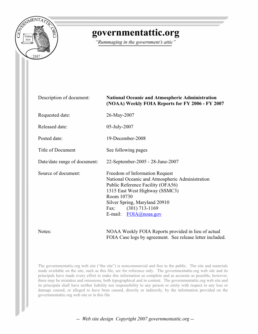 NOAA) Weekly FOIA Reports for FY 2006 - FY 2007