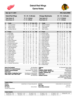 Detroit Red Wings Game Notes