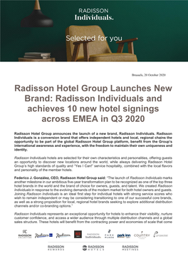 Radisson Hotel Group Launches New Brand: Radisson Individuals and Achieves 10 New Hotel Signings Across EMEA in Q3 2020