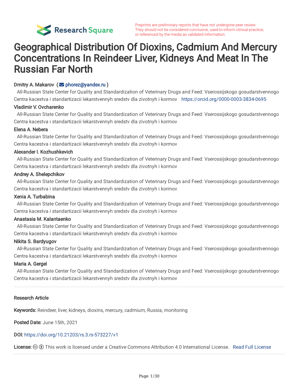 Geographical Distribution of Dioxins, Cadmium and Mercury Concentrations in Reindeer Liver, Kidneys and Meat in the Russian Far North