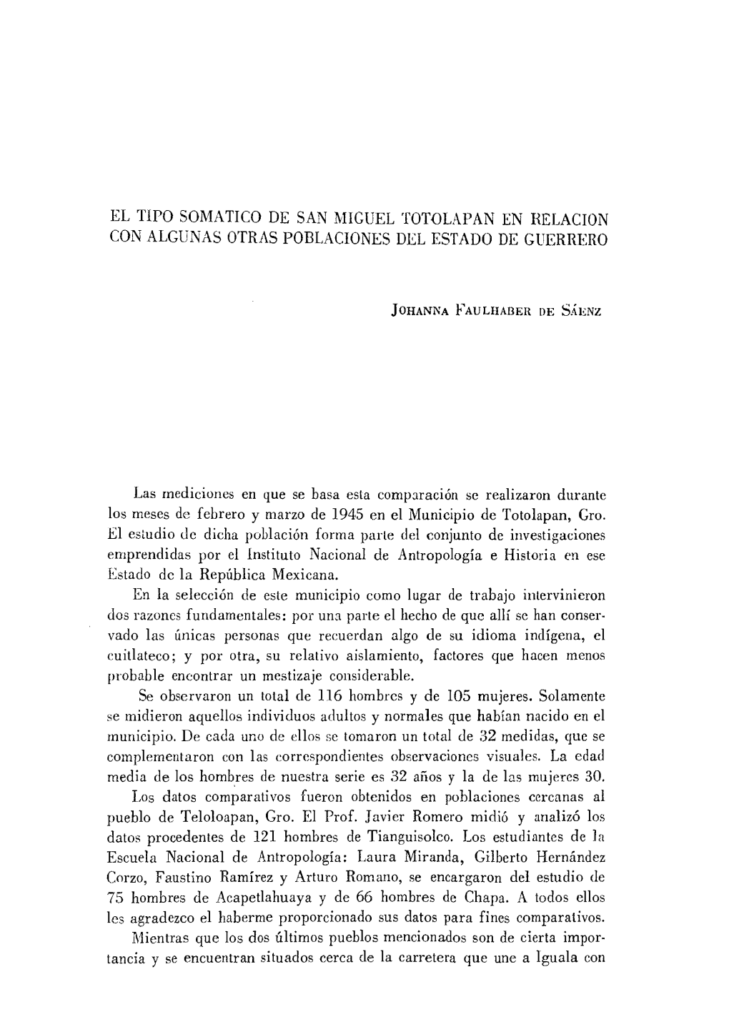 El Tipo Somatico De San Miguel Totolapan En Helacion Con Algunas Otras Poblaciones Del Estado De Guerrero