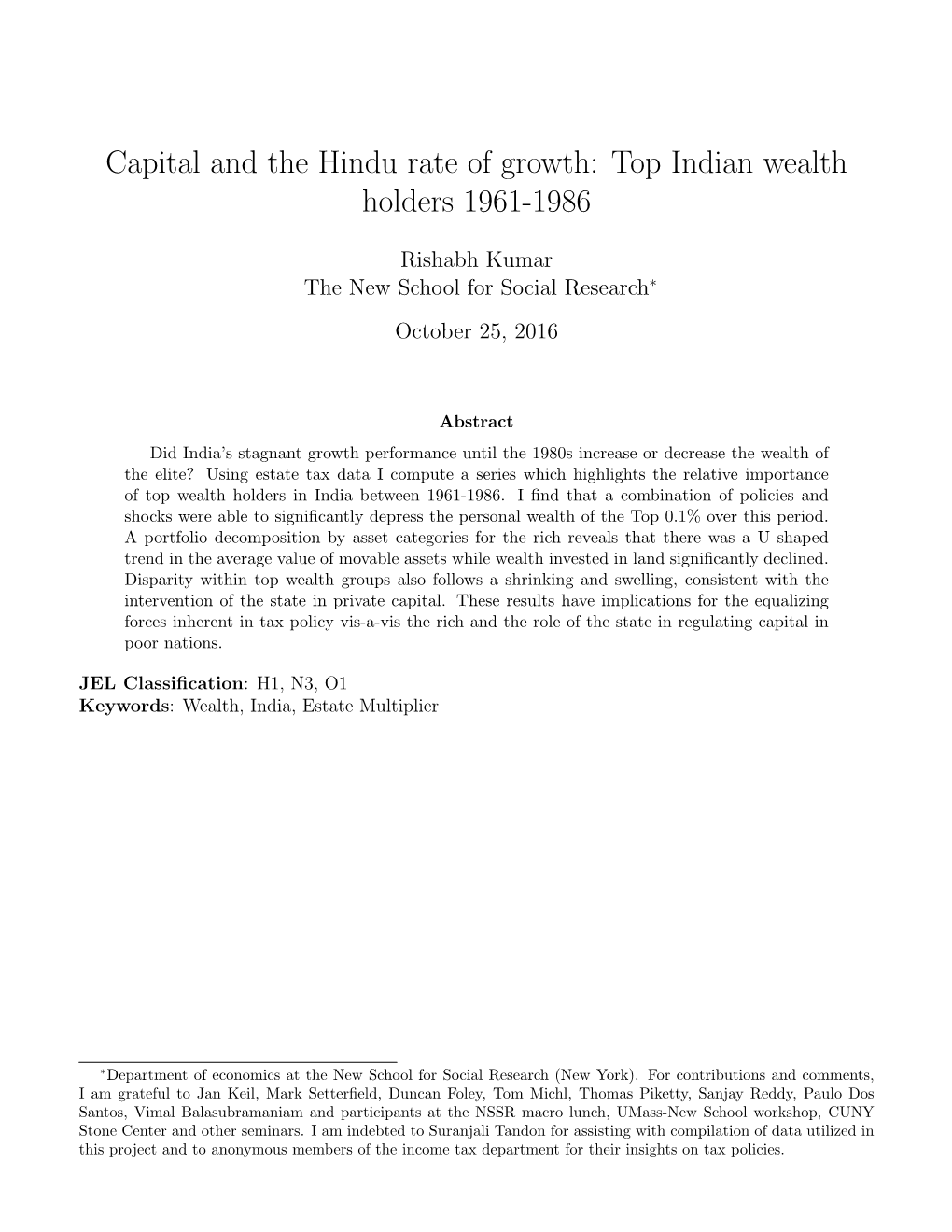 Capital and the Hindu Rate of Growth: Top Indian Wealth Holders 1961-1986