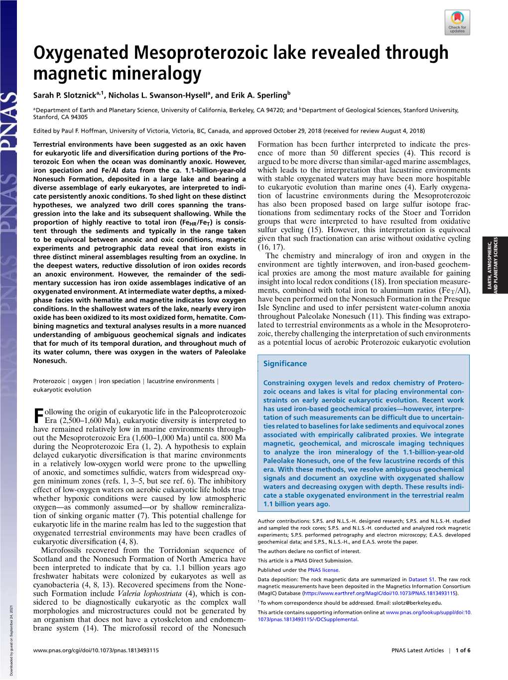 Oxygenated Mesoproterozoic Lake Revealed Through Magnetic