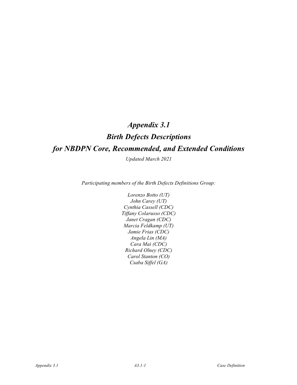 Appendix 3.1 Birth Defects Descriptions for NBDPN Core, Recommended, and Extended Conditions Updated March 2021