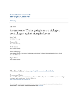Assessment of Clarias Gariepinus As a Biological Control Agent Against Mosquito Larvae Buze Chala Arba Minch University