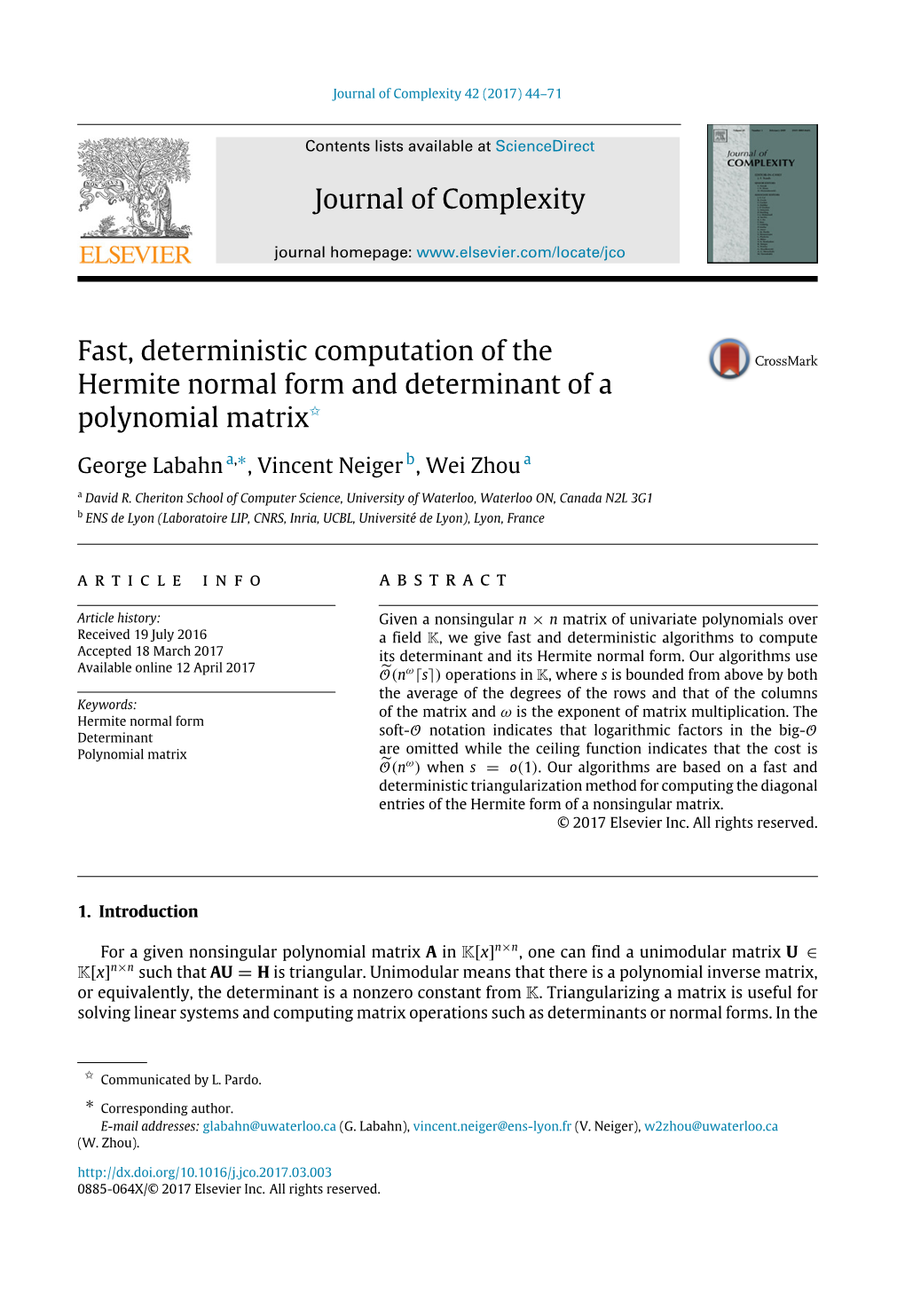 Fast, Deterministic Computation of the Hermite Normal Form and Determinant of a Polynomial Matrix✩