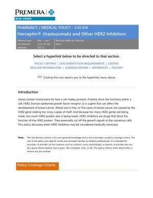 Herceptin® (Trastuzumab) and Other HER2 Inhibitors, 5.01.514