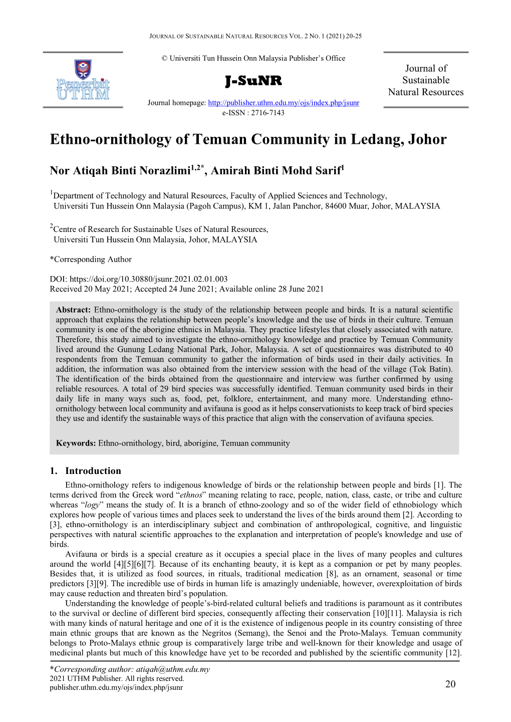 Ethno-Ornithology of Temuan Community in Ledang, Johor