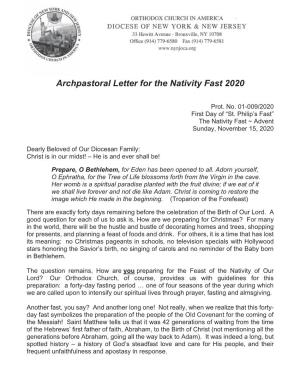 Archpastoral Letter for the Nativity Fast 2020