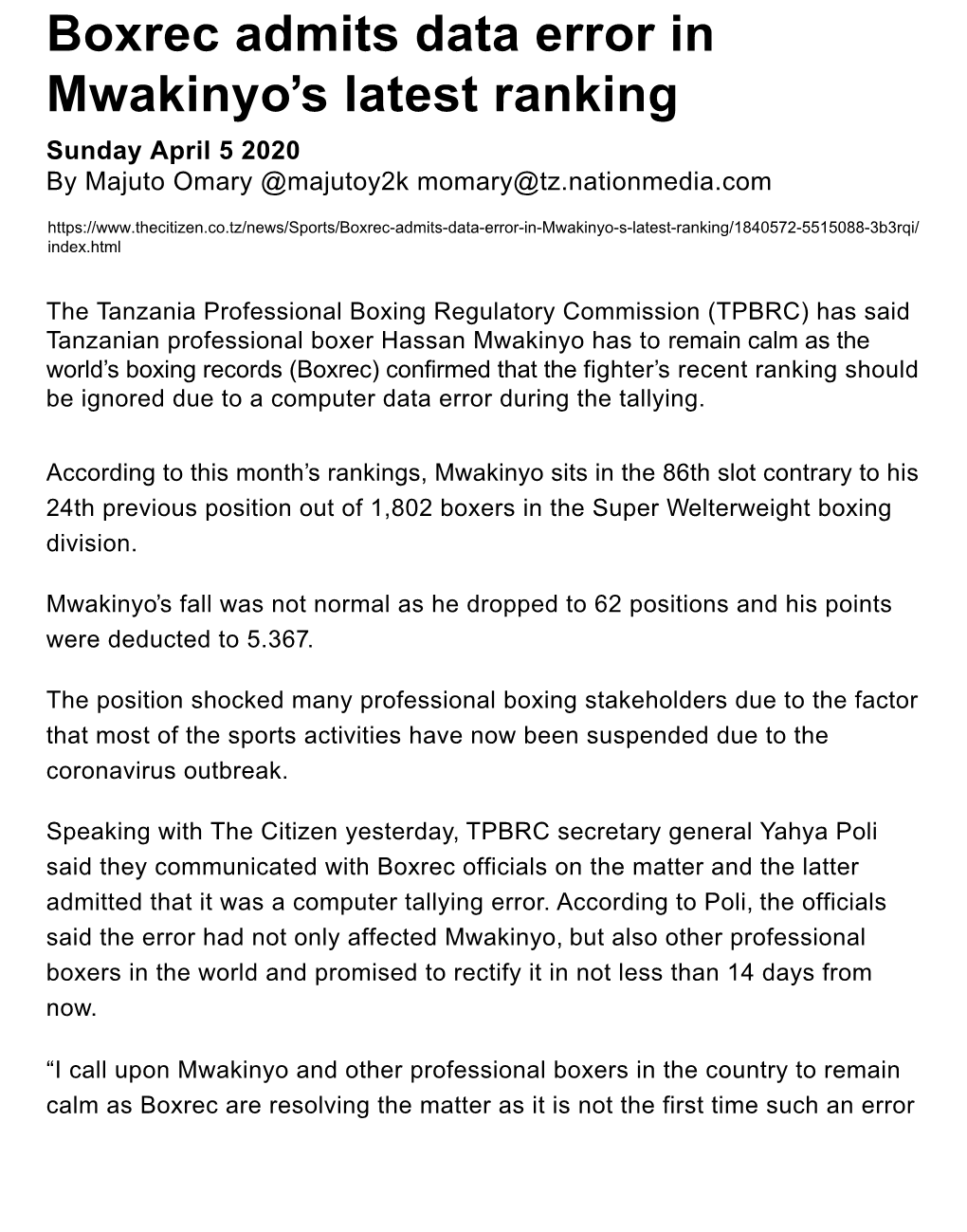 Boxrec Admits Data Error in Mwakinyoʼs Latest Ranking