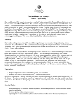 Food and Beverage Manager Career Opportunity