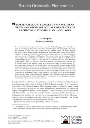 Royal “Chariot” Burials of Sanauli Near Delhi and Archaeological Correlates of Prehistoric Indo-Iranian Languages
