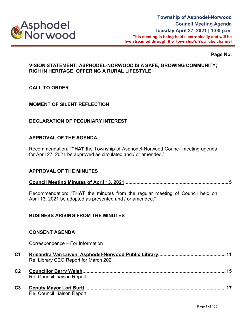 Township of Asphodel-Norwood Council Meeting Agenda Tuesday April 27, 2021 | 1:00 P.M
