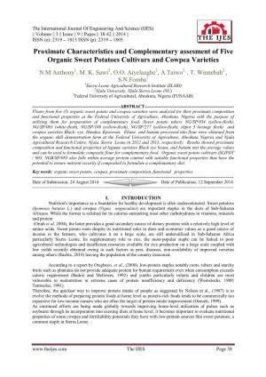 Proximate Characteristics and Complementary Assesment of Five Organic Sweet Potatoes Cultivars and Cowpea Varieties